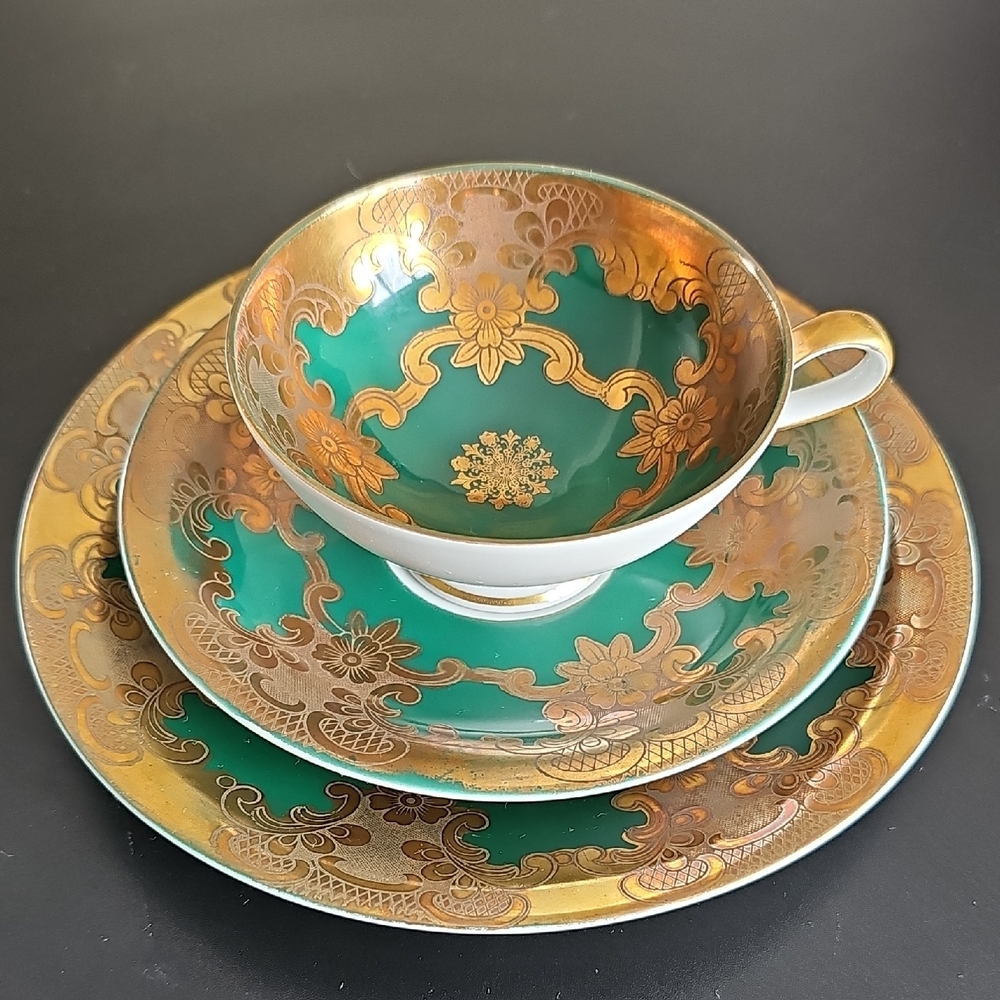Antique German Bavaria Elegant Green and Gold Tea Set